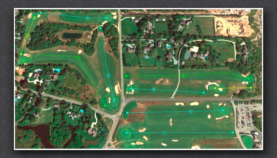 The hole-sequencing for the East Course at the Maidstone Club using an October 2017 Google Earth aerial.