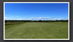 #1. Downhill par 4 (347 yards; blue tees distances given). [Photos taken June 2024]